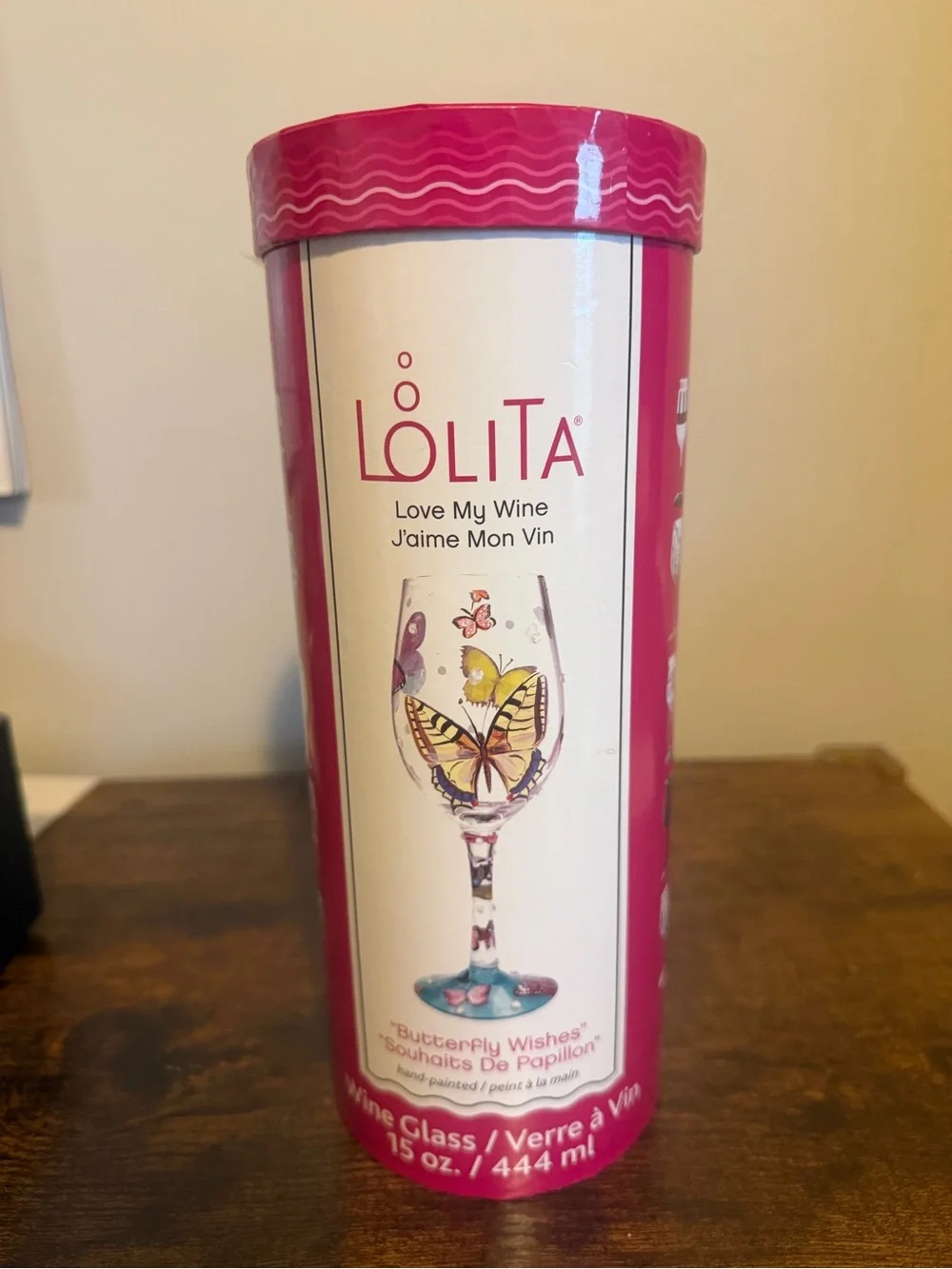 Lolita Hand-Painted Butterfly Wishes Wine Glass in Teal, Yellow, Pink